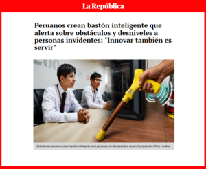 Jairo Dueñas, estudiante de Ingeniería Industrial de la UARM, presenta en La República el proyecto de bastón inteligente.